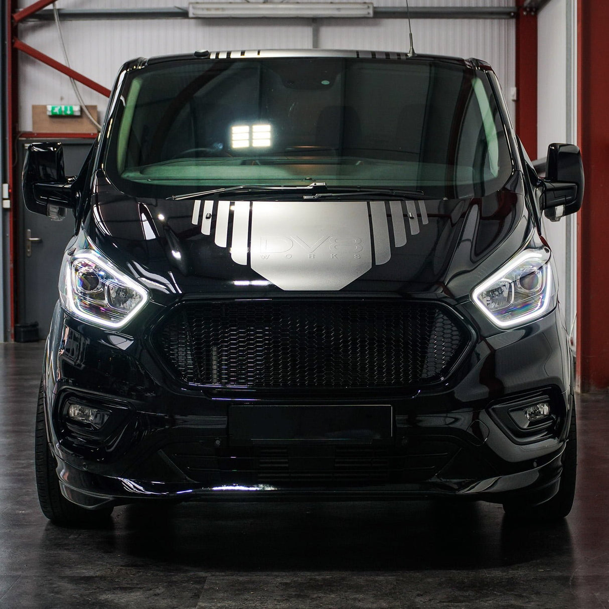 Für Ford Transit Custom Wabengrill-Set – Oberteil in Glanzschwarz & Unterteil in Matt Schwarz – Einbaufertig